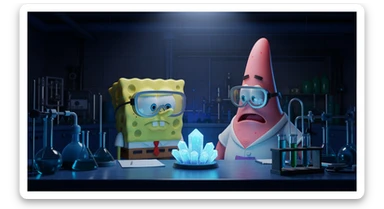 3D cienmatic cartoon shot, spongebob and patric dress in safety glasses and safe white outfit, the are standing front of table with blue crystals on table glowing (light source) science room in basement, back light, Cinema 4d render, proffesional lightning sticker