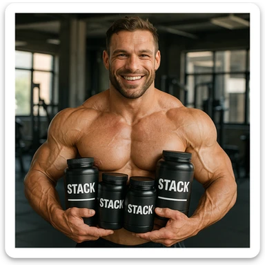 hyper realistic smiling bodybuilder holding several jars of supplements labeled 'stack', sculpted physique, natural light, realistic details, gym environment sticker