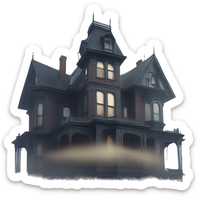Fantastic Wide full view, A very roomy ramshackle Victorian Addams’s mansion looms through light fog at noon  sticker