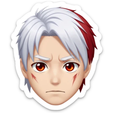 Shoto Todoroki face only, left side white hair, right side red hair, heterochromatic eyes, burn scar on left side of face, serious expression sticker