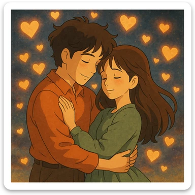 romantic couple hug surrounded by glowing hearts dreamy mood in ghibli style sticker