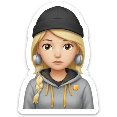 Blonde female tech developer manager going back to work after christmas holidays, looking tired and wearing a hoodie and cap sticker