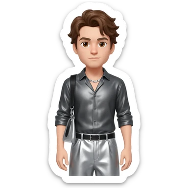 Peter Allen with brown eyes, brown hair, dark gray metallic shirt, silver metallic baggy pants, silver necklace sticker