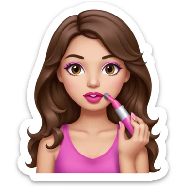 girl with long wavy brown hair, brown eyes, light to medium complexion, in a pink sexy top, pink lips, long lashes, puckered lips, putting on lipstick sticker
