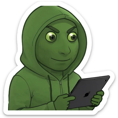 a man with a hoodie, holding an iPad, memoji style, minimal background sticker
