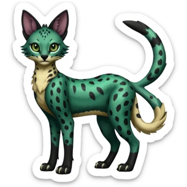 Epic complex detailed dark dusky gloomy deep gothic dark-deep-green, black, realistic Fakémon-Sprigatito-Floragato-Meowscarada-Trico-Sergal-Serval-Vernid-creature (full body) sticker