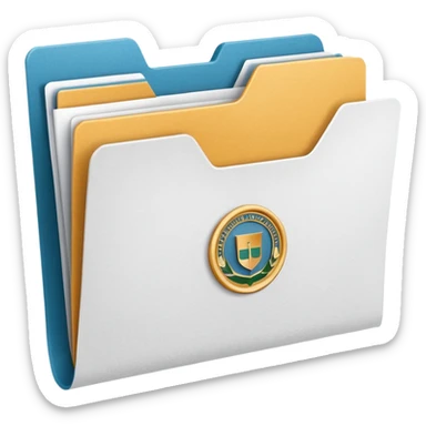 A simple emoji-style icon of a white textured paper folder, clean and formal, with sharp edges, minimal shading, and an embossed university degree/certification seal on the front, conveying academic achievement and official records. white white white  sticker