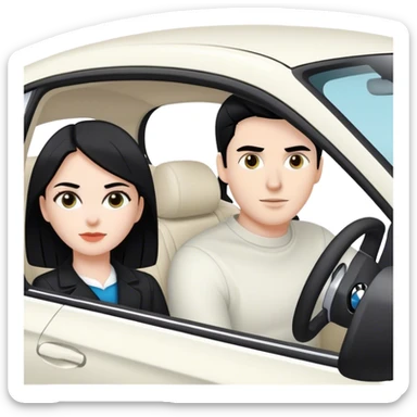 white girl with black hair with a white guy with black hair in bmw white car sticker