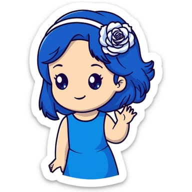 anime style girl with long dark blue hair, blue rose hair accessory, bright blue eyes, black dress, friendly smile sticker