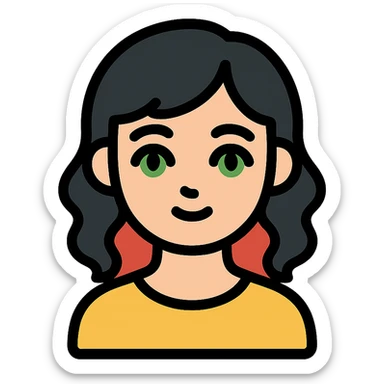 girl with green eyes, white skin, wavy black hair, red hair at the back of her neck sticker