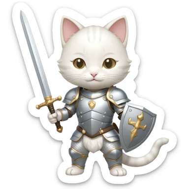 baby chibi white cat in silver armor, full body, smile, hold a sword sticker