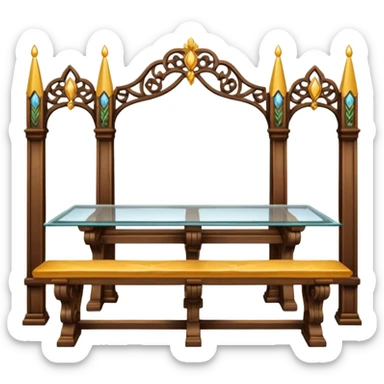 A glass topped rectangular trestle table with 2 benches on the long sides and 2 thrones at the ends sticker