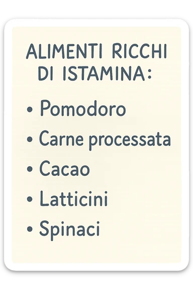emoji di un foglio di carta con lista di alimenti ricchi di istamina scritti a penna:
ALIMENTI RICCHI DI ISTAMINA:
- Pomodoro
- Carne processata
- Cacao
- Latticini
- Spinaci sticker