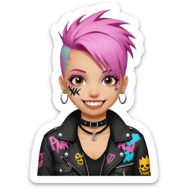 a punk girl with dyed hair and wear a punk graffiti jacket with black choker grin playfully  sticker
