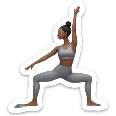 Pale skinned fit woman In a gray tight yoga suit and wristbands With black hair in a bun doing yoga sticker