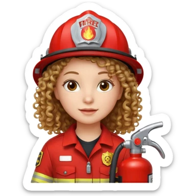 Firefighter girl curly hair with red uniform fire extinguisher sticker