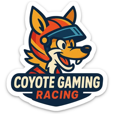 Coyote Gaming Racing logo in vibrant toon style, with a coyote character wearing a racing helmet sticker