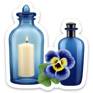 Decorative blue candle in a glass jar and in the back are navy blue pansies and a blue vintage-style perfume bottle  sticker