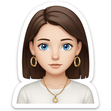 Create an emoji of a pretty white Girl with brunette hair blue eyes faint freckles and medium length hair wearing a white shirt with gold hoop earrings and a gold necklace  sticker