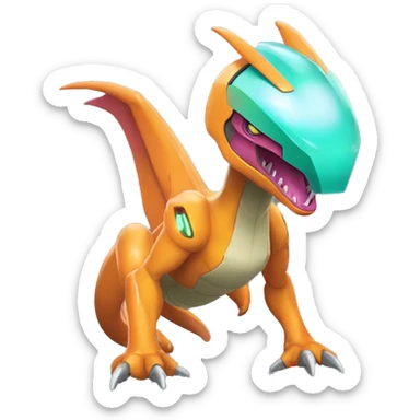 a shiny Genesect-Charizard-Raptor-Fakémon—hybrid with a futuristic visor-helmet full body sticker