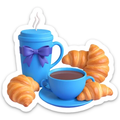 A blue cup of coffee with a flower on top and a blue bow, next to a croissant, in a warm, cozy setting. sticker