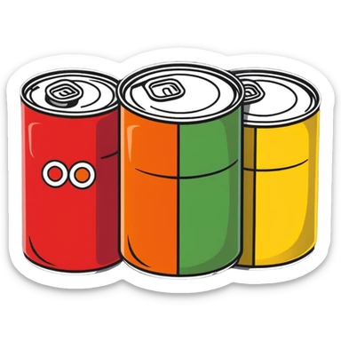 Four assorted canned food cans arranged together, showing different types of canned foods sticker