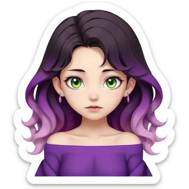 1 girl, long beautiful wavy black-brown-beige-gradients hair, vibrant and soft color palette, pointy ears, violet clothing, green eyes, slit pupils, young, skinny, japanese themed, pastel, dark, gloomy, edgy, shy expression, blush, (off shoulder) sticker