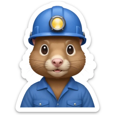 a mole rat, blue helmet, headlamp, brown worker cloth sticker