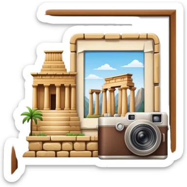 Icon for Historical and Cultural Tourism: iconic landmarks like ancient ruins, a museum and a historical monument, with a travel guidebook and camera. The icon should capture the exploration of history and culture. Transparent background. sticker