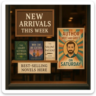 Bookstore window display. A sign displays “New Arrivals This Week”. Below, a shelf tag with the text “Best-Selling Novels Here”. To the side, a colorful poster advertises “Author Meet And Greet on Saturday” with a central portrait of the author. There are four books on the bookshelf, namely “The light between worlds” “When stars are scattered” “The slient patient” “The night circus” sticker