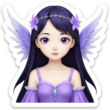 Gothic anime fairy with long beautiful black hair and violet dress, pastelcore, sticker