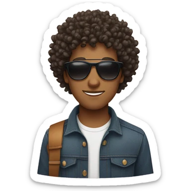 curly haired guy wearing sunglasses with a cat sticker