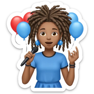 Black girl Stud with dreadlocks singing 1,2,3 release em with white and blue balloons flying overhead emoji like with mic in hand  sticker