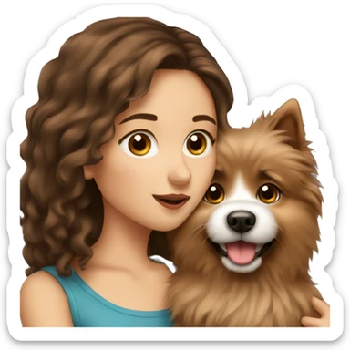 beautiful girl with brown hair kissing her fluffy spitz dog sticker
