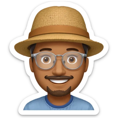Brown man smiling with hat, clear glasses and goatee sticker