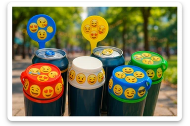 Rakj a kupakokra emoji-kat, smiley-kat, megváltoztathatod a háttereket. valósághű legyen a kép, 1000x600px méretű legyen. fiatal, dinamikusfotókat készíts! csak a kupak külső részére rakj mintát! sticker