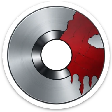 Minimalist emoji-style sticker of a single CD with a sharp crack and a dried blood spot. View from above, black, gray, and muted red.
 sticker