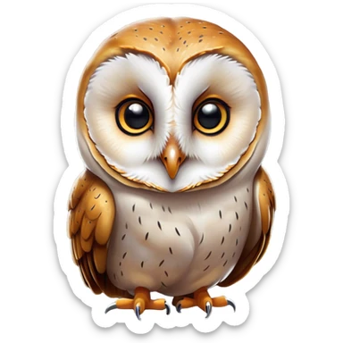 Cinematic Comical Barn Owl Portrait Emoji, Head tilted dramatically with an exaggeratedly amused expression, featuring a striking mottled plumage with bold contrasts, wide, expressive amber eyes filled with playful disbelief, Simplified yet hilariously expressive features, highly detailed, glowing with a slightly sassy glow, high shine, dramatic yet playful, stylized with an air of cheeky nocturnal mischief, bright and endearing, soft glowing outline, capturing the essence of a spirited and over-the-top owl, so meme-worthy it feels like it could hoot its way into internet fame instantly! sticker