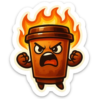 Tall coffee cup, angry, on fire, clenched fists, yelling sticker
