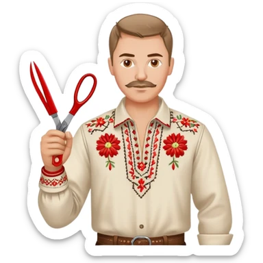 Ukrainian man in traditional vyshyvanka embroidered shirt holding red scissors in one hand and a spanner in the other hand sticker