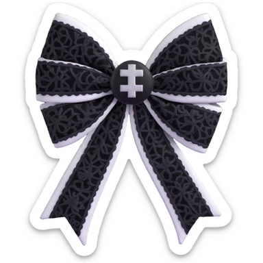 3D emoji gothic bow, white velvet, silver cross charm, black lace overlay sticker
