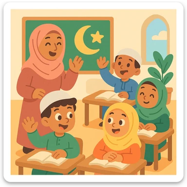 playful and friendly Islamic school illustration, suitable for children's materials sticker