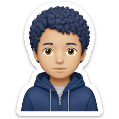 Boy with short curly hair and navy blue hoodie sticker