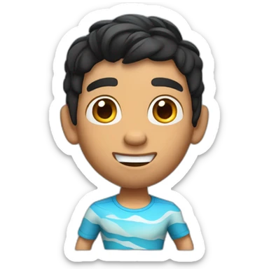 emote with pixar style 3d illustration of a man with tanned skin, black hair, fade haircut and brown eyes who is surfing sticker