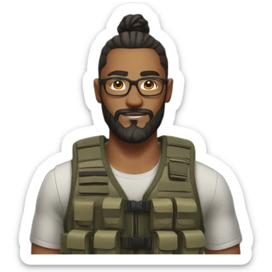 Man with man bun, beard and glasses, with a tactical vest on sticker