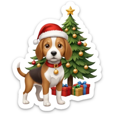 beagle wearing santa hat and standng by the xmas tree sticker