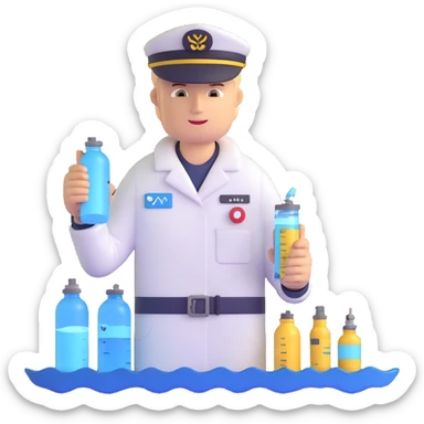 Oceanologist sailor from Vladivostok with scientific instruments, CTD sensor, water sampling bottles, and marine life sticker