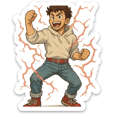 1 male, mid fade haircut dark chestnut brown curly hair, toasted lightskin, white hoodie sleeves up, fashion jeans, red fashion-sneakers shoes, red belt, short trimmed beard and goatee,  style of deku from "my hero academia" doing a "heck yeah!" exclaimation pose with red electricity sticker