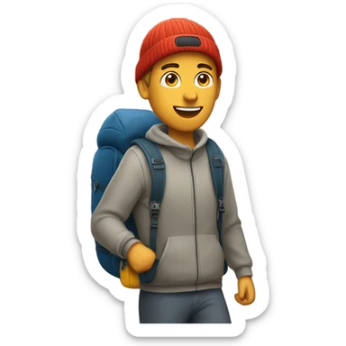 White man hiking wearing a beanie and a backpack sticker