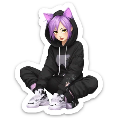 Edgy beautiful pretty anime punk tomboy with cat ears techwear cargo pants hoodie sticker